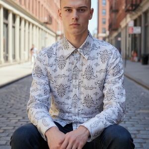 7 Diamonds Men's White Patterned Shirt